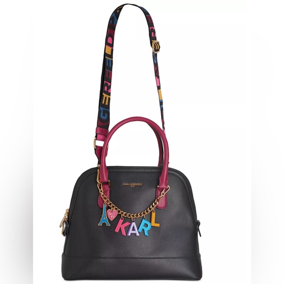 Karl Lagerfeld Paris Black Leather & Magenta Simone Satchel - Picture 6 of 16